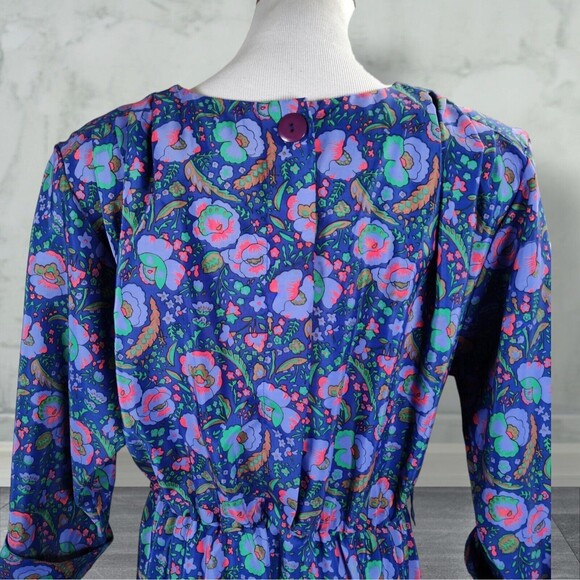 Vintage Floral Print Midi Secretary Dress Size 14 Purple Shirtwaist - Picture 7 of 16